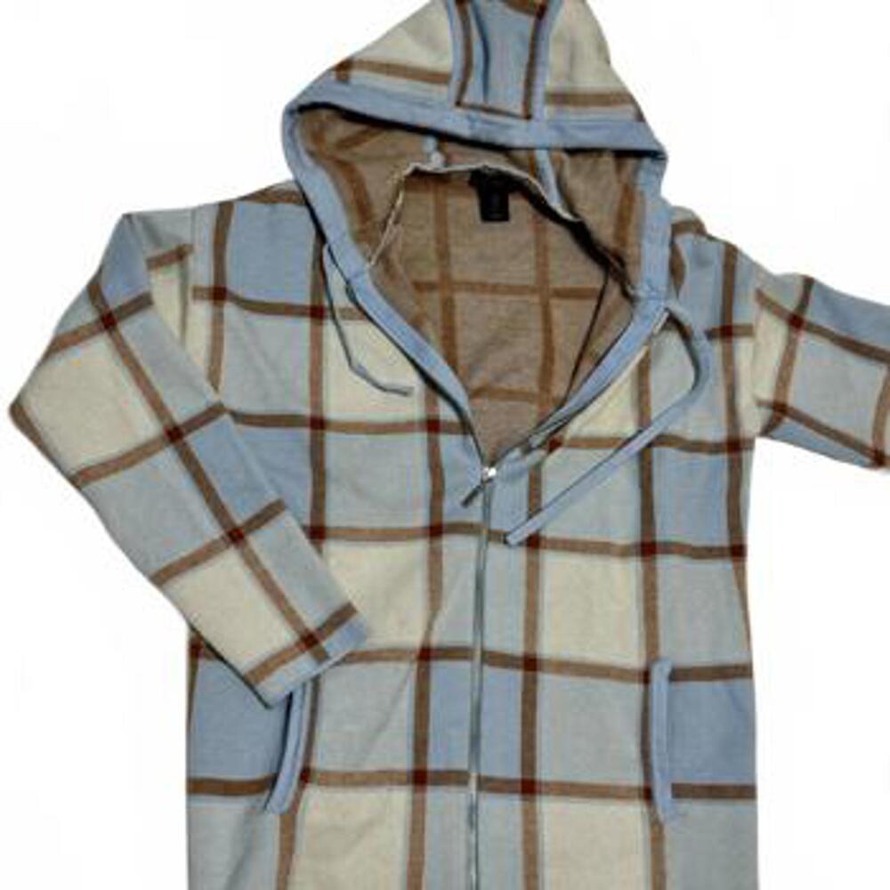 Cynthia Rowley Hoodie Women's L Full Zip Fall Blue/Cream Pockets Windowpane